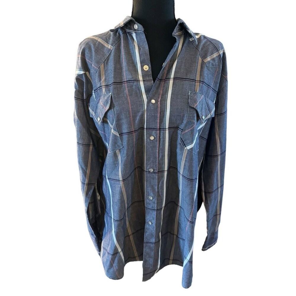 MWG Apparel‎ men's blue Gray plaid western shirt, pearl snap buttons, size XL